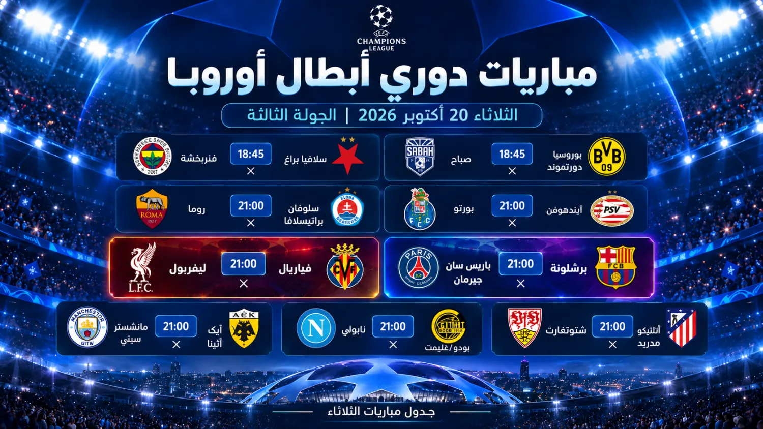 جدول مباريات دوري أبطال أوروبا الثلاثاء والقنوات الناقلة